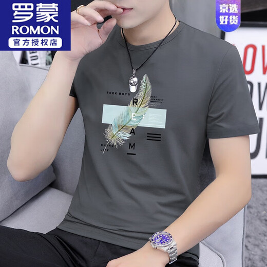 ROMON 2025 summer new men's round neck printed short-sleeved T-shirt trendy slim half-sleeved ice silk top men's T-shirt S2531 white L 115-130Jin Jin equals 0.5 kg