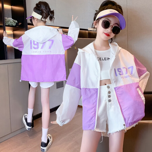 G.DUCKKIDS Girls Color Block Sun Protection Clothing 2024 Summer New Medium and Large Children's Insulated Thin Jacket Loose Casual Western Style Top 2316 Purple 170 Recommended Height 160-170 Age 14-15 Years Old