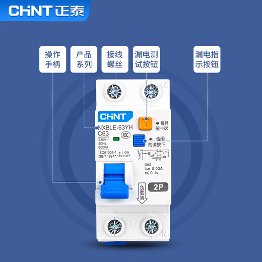 Chint (CHNT) NXBLE-63YH-2P-C25-30mA-6kA compact small leakage protection circuit breaker leakage protection air switch 25A
