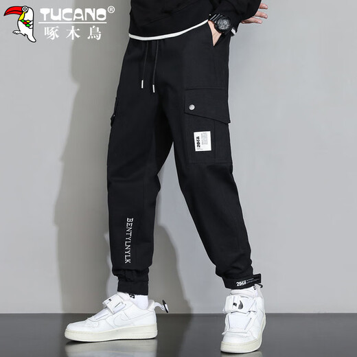 Woodpecker (TUCANO) overalls men's ankle-tie spring pants men's loose casual pants men's sports small-footed men's pants black XL