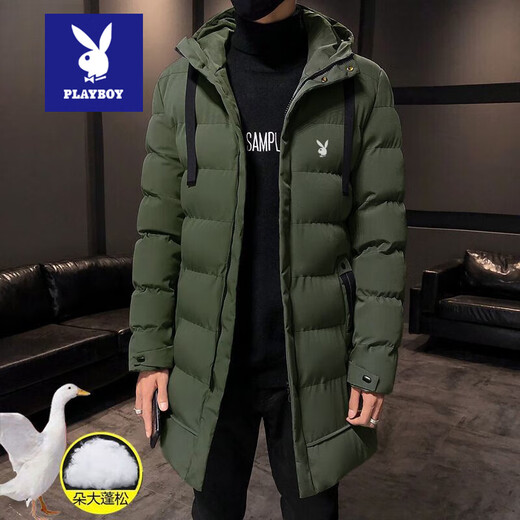 Playboy Down Jacket Winter Men's Mid-Length Coat Coldproof Warm Cotton Jacket Thickened Youth Hooded Cotton Jacket Men's Fashion Black 929-Upgraded Thickening 3XL Recommended 145-160Jin Jin equals 0.5 kg