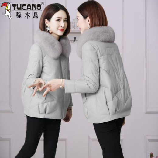 Woodpecker Large Fur Collar Leather Jacket Women's 2025 Autumn and Winter New Korean Style Leather Cotton Jacket Short Thickened Cotton Jacket Gray M Recommended 95-110Jin Jin equals 0.5 kg