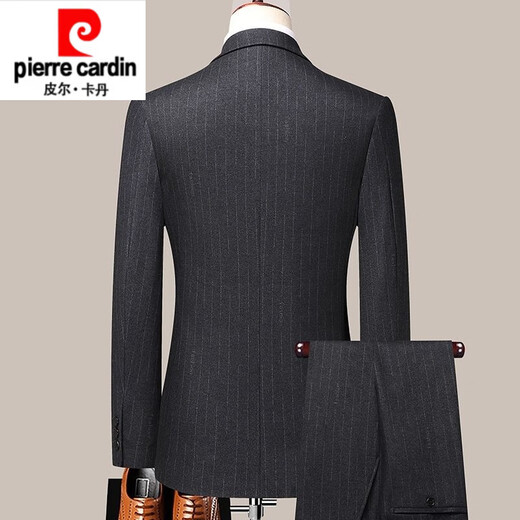 Pierre Cardin high-end autumn and winter wool suit suit men's groom striped suit men's slim business formal suit wedding wedding thick black gray M