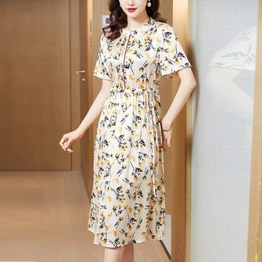 AC Mmng Vestido de seda impresa en moda 2025 Nuevo marcador de satén de mulberry de gran marca Hangzhou Brand 869 Beige XL (recomendado 113-125 Jin [Jin iguala 0.5 kg])