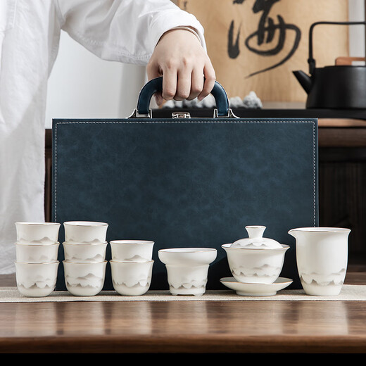 Gold inlaid jade mutton fat jade porcelain tea set white porcelain complete set ceramic Kung Fu tea set men's gift housewarming wedding moving gift Yunhai painted gold mutton fat jade porcelain tea set