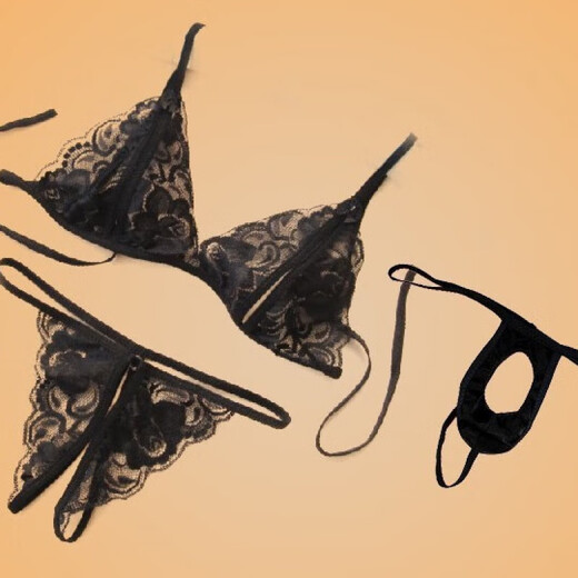 Couple's underwear sexy double temptation L sexy men's JJ women's open see-through lace thong sm passion suit black bra