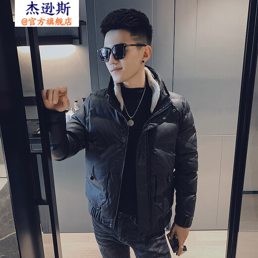 Jason's thickened warm leather cotton coat men's winter trendy lamb fur collar slim cotton leather jacket men's handsome cotton jacket A368-PM9816 black (single jacket) M (95-110Jin Jin is equal to 0.5 kg)