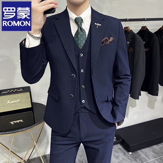 ROMON high-end commuter large size suit men's business casual suit Korean version slim suit wedding groom three-piece suit medium gray suit + trousers XL 120-132Jin Jin equals 0.5 kg
