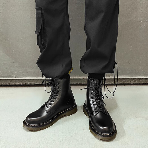 花花公子马丁靴男款中帮英伦风高帮皮鞋2025新款透气薄款短靴工装黑色皮靴 6198 【黑色百搭款】 40