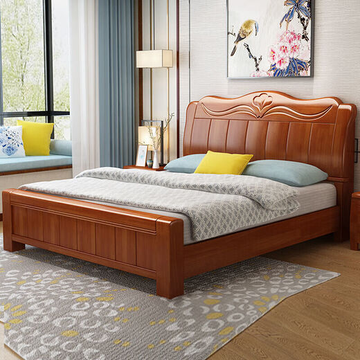 Modern Chinese double bed rubber wood solid wood bed 1.5m bed home bedroom 1.8m storage large bed wedding bed single bed color please note 1800*2000mm frame structure