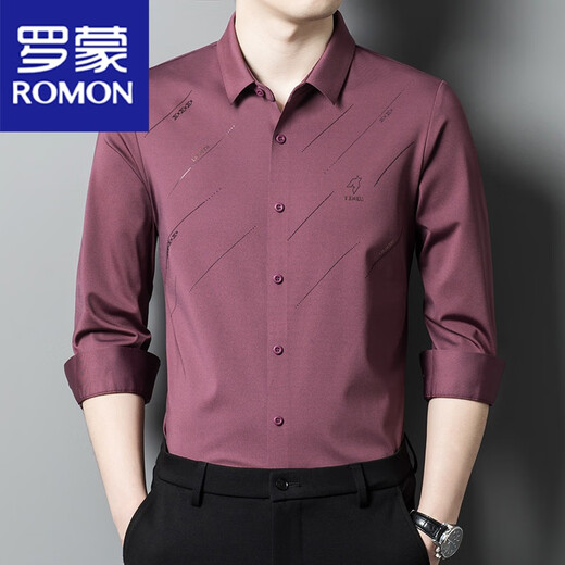 罗蒙（ROMON）高贵女儿结婚礼服爸爸装长袖衬衫中年喜公公婚宴装秋装免烫衬衣男 C6625红色 175/XL