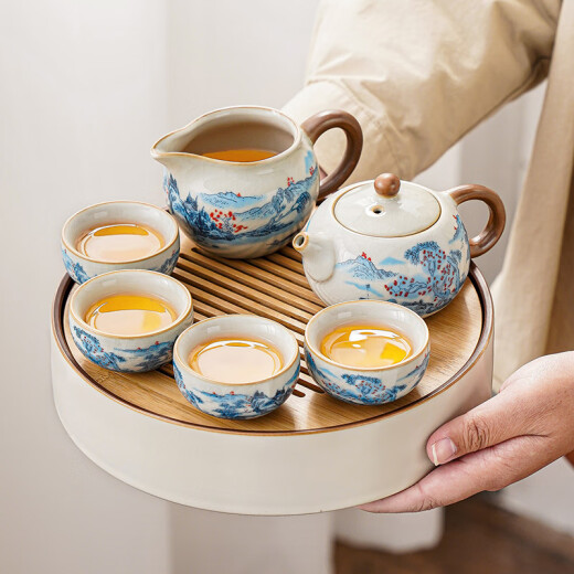 Xiangye Beige Ru Kiln Chinese Teapot Small Set Home One-person Kungfu Tea Lift Pot Drinking Tea Cup Round Tea Tray Beige Linglang Auspicious Pot 6-piece Set + Plain Han Plate