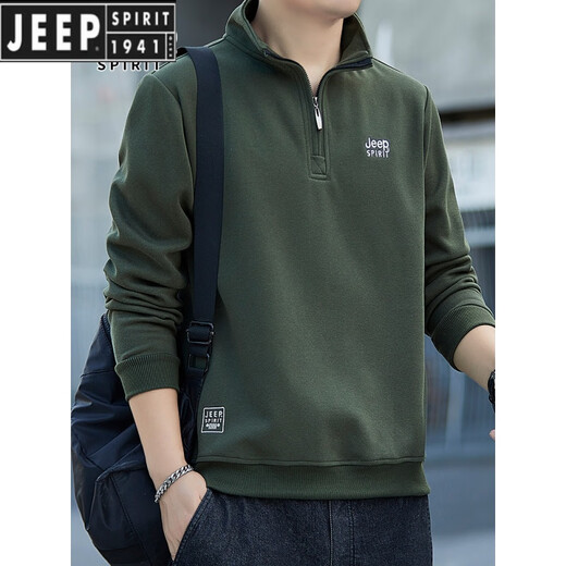 JEEP SPIRIT Jeep pure cotton sweatshirt men's spring and autumn new loose large size stand-up collar half-zip casual pullover long-sleeved top Army Green 2XL 140-160Jin Jin equals 0.5 kg