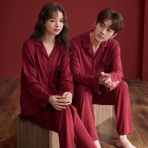 Shaqian Spring and Autumn Modal Cotton Red Couple Pajamas for Year of the Marriage and Festive Long-sleeved Home Clothes for Men and Women