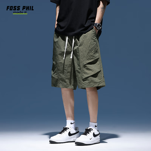 Foss Phil Shorts Herren Sommer Arbeitskleidung Trendy Brand Casual Ice Seide mittelpants losen Sportfünf-Punkte-Hosen 9906 Militärgrün M.