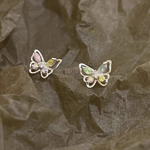 Bai Qixin's gift 999 silver needle butterfly earrings women's ear bone nails high-end earrings exquisite and compact ear piercing not easy to cause allergies hollow colorful butterfly earrings