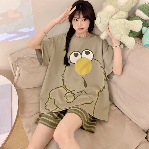 Maßgeschneiderter Regen- und Regenbogen-Pyjama für Damen, Sommer-Kurzarm-Shorts, dünn, niedlich, Cartoon-Studenten, Übergröße, Übergröße, Heimkleidungsset, kurz-wb1343, gestreift, Sesam, M, kleine Größe 80–100. Jin Jin entspricht 0,5 kg