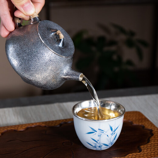 Dian Qingtang hand-painted celadon bamboo wrapped silver cup 999 sterling silver tea cup tea master cup scent cup pure silver cup silver wine cup hand-painted celadon bamboo 80 ml certificate + gift box 50-120 ml