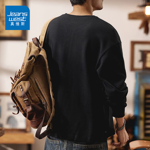 Jeanswest 2025 Autumn New Cotton Henley Collar Men's Sweater Loose Long Sleeve T-Shirt American Top T White Bottoming Shirt Black M