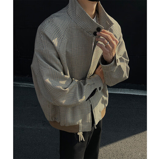 NYING American Houndstooth Stand Collar Jacket Men's Spring and Autumn New High Street Fashion Brand Casual Short Jacket Loose and Versatile Old Money Brown XL (125-145Jin Jin equals 0.5kg)