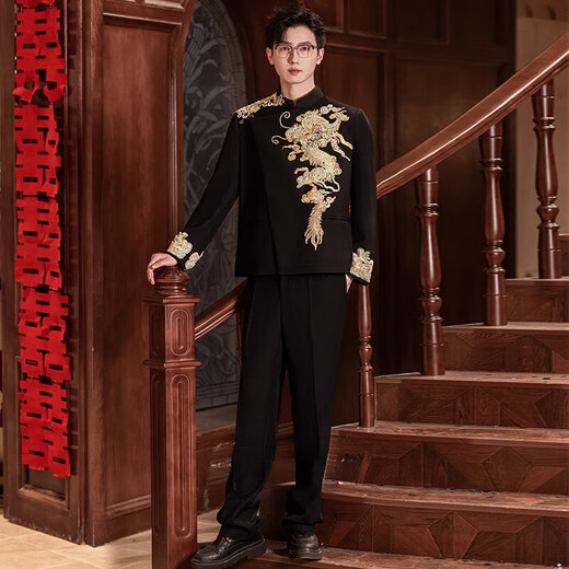 TOME BORNEK American Tommy New Chinese tunic men's wedding suit suit Chinese style groom wedding dress dragon pattern embroidery Yunqi suit jacket + pants M