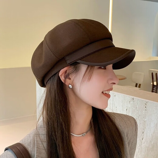 Beret duck cap for women British leather Korean style all-match painter's hat dome retro beret showing face in autumn and winter dark coffee