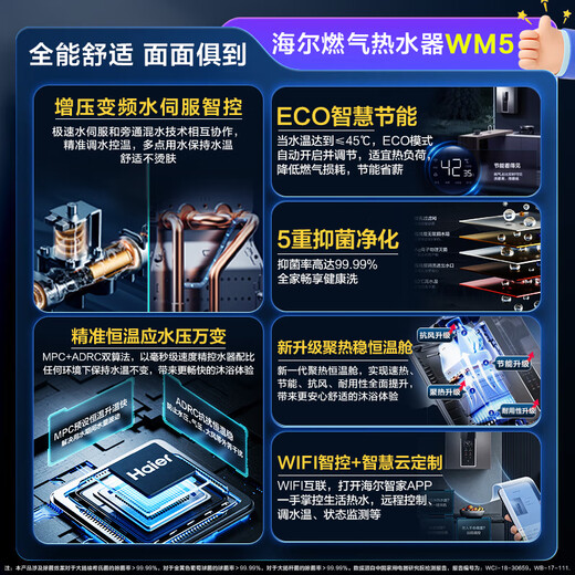 Haier (Haier) Consult customer service to get national subsidy First-level energy-saving gas water heater natural gas 13/16 liters strong exhaust type boosted frequency conversion water servo constant temperature bath windproof and waterproof 13L wm5 boosted water servo + first-level energy-saving WM5