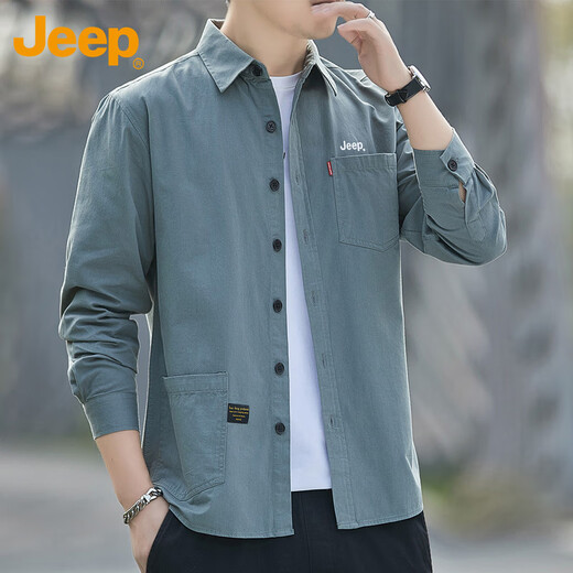 吉普（JEEP）长袖衬衫男春秋季工装外套男士潮流宽松衬衣服男装上衣 灰绿 XL 