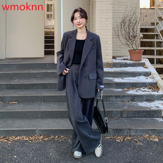 WMOKNN blazer women's 2025 spring new Korean style high-end commuting casual loose double-breasted suit suit for women gray M (recommended 105-120 Jin Jin equals 0.5 kg)