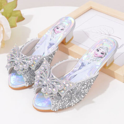 Ye Yu Silver Children's Crystal Slippers Fashionable Children's High Heel Slippers Frozen Princess Elsa A516-3 Silver 29 Inner Length 18cm (size is too small)