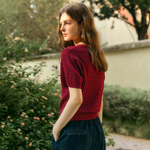 Olrain French short-sleeved T-shirt women's spring 2025 commuting round neck knitted pullover Ancora M