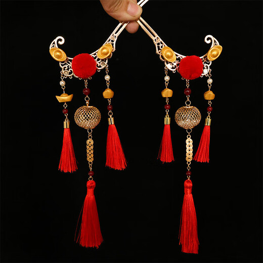 Mengjunchen Guochen Guochao antique style red festive ingot hair accessories ancient Hanfu small God of Wealth makeup hair crown long tassel headdress set Jinrui small set of money-making hairpins 1 pair
