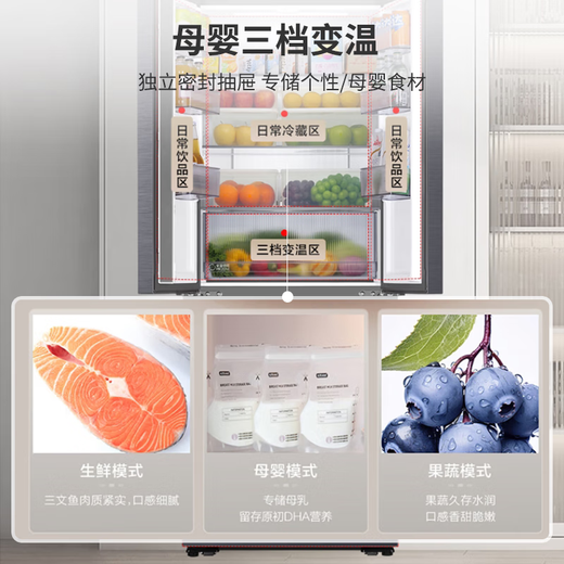 Haier refrigerator 416 liters small red flower French multi-door four-door 594mm ultra-thin zero built-in small apartment 70cm wide first-class energy efficiency black gold purification frost-free national subsidy 20% 594mm ultra-thin zero built-in + mother and baby three-speed temperature change + black gold purification