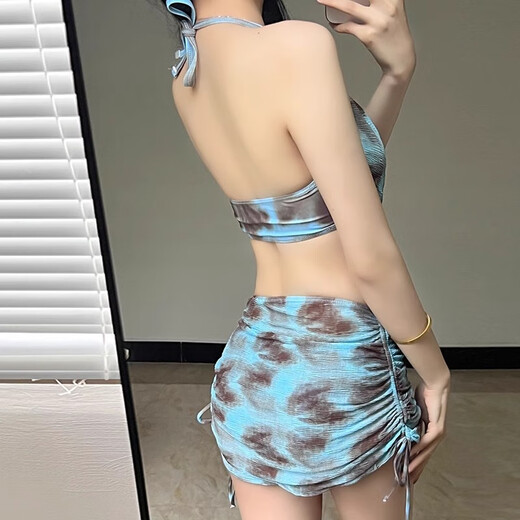 Miao Yijia swimsuit for women in hot springs for adult ladies 2025 new bikini swimsuit split sexy pure desire to cover belly Blue Maillard style swimsuit three-piece set One size fits all Recommended 85-120 Jin Jin equals 0.5 kg