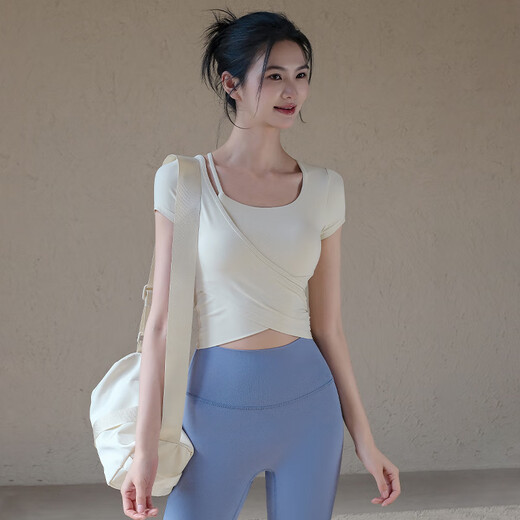 LULUUVTTOH new summer yoga wear short-sleeved women's sports top with chest pads slim fit Pilates training fitness T-shirt milky white fixed cup M (recommended 95-110 Jin Jin equals 0.5 kg)
