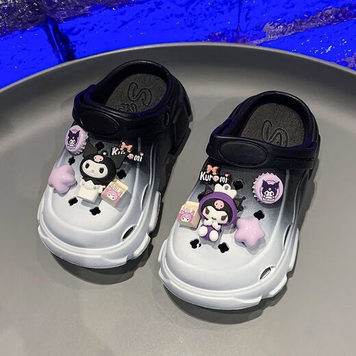 格素凡儿童拖鞋女童渐变洞洞鞋夏款2024库洛米女孩沙滩包头凉鞋防滑亲子 升级版白黑色 35 内长215cm