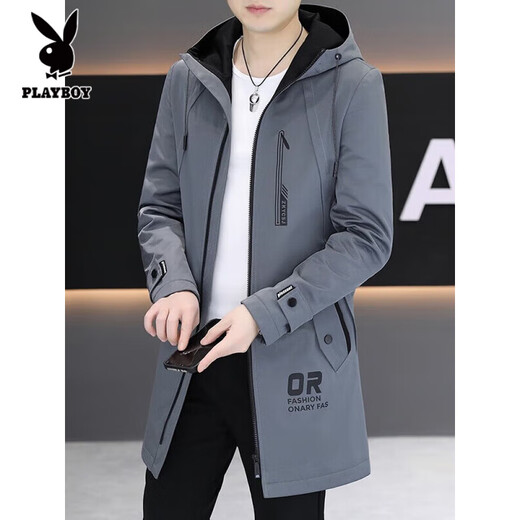 Playboy (PLAYBOY) windbreaker men's mid-length 2025 autumn and winter new velvet jacket slim and handsome windbreaker cotton jacket casual trendy brand men K70 gray/spring and autumn regular XL recommended 125-145Jin Jin equals 0.5 kg