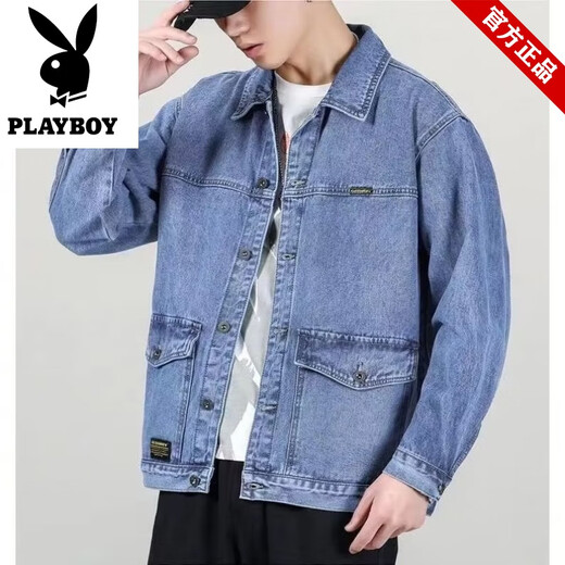 Playboy brand men's retro lapel denim jacket spring and autumn new versatile trendy casual workwear large size jacket top Y848 blue denim jacket XL 130-145Jin Jin equals 0.5 kg