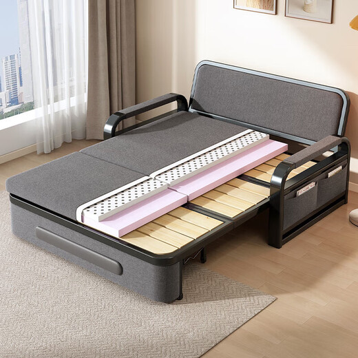 Folding sofa bed all-in-one dual-use single bed multi-functional new fabric small apartment pull-out retractable bed dark gray 82cm storage +7cm sponge