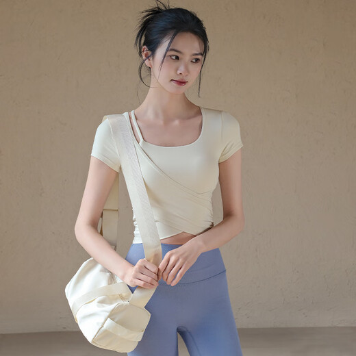 LULUUVTTOH new summer yoga wear short-sleeved women's sports top with chest pads slim fit Pilates training fitness T-shirt milky white fixed cup M (recommended 95-110 Jin Jin equals 0.5 kg)