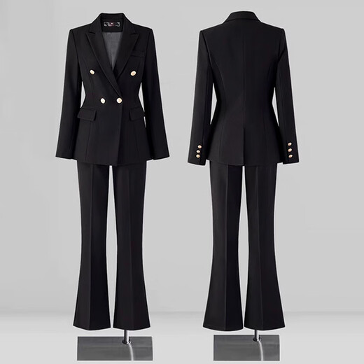 訫嗳逸衫西装套装女春秋新款气质面试正装高级感工作服显瘦职业西服外套 黑色西装+微喇裤+白色V领衬衫 S