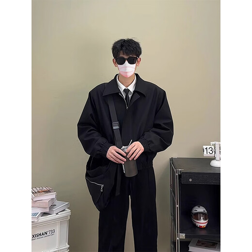 POUM short jacket for men in spring, autumn and winter, American retro trendy loose executive shoulder pad blazer jacket JFFS-847 black XL (size is too small, it is recommended to choose one size larger)