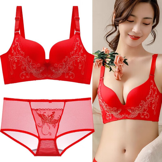 Victoria Palace Zodiac Year Bra Festive Wireless Underwear Sexy Lace Push Up Push Up Side Breast Control Bra Set Big Red Heart to Heart 80B 36B Medium Thick