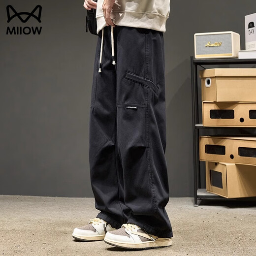 Catman pants men's autumn and winter pure cotton straight loose loose plus velvet thickened casual pants high street handsome wide leg work trousers 535 black XL (recommended 120-140Jin Jin equals 0.5 kg)