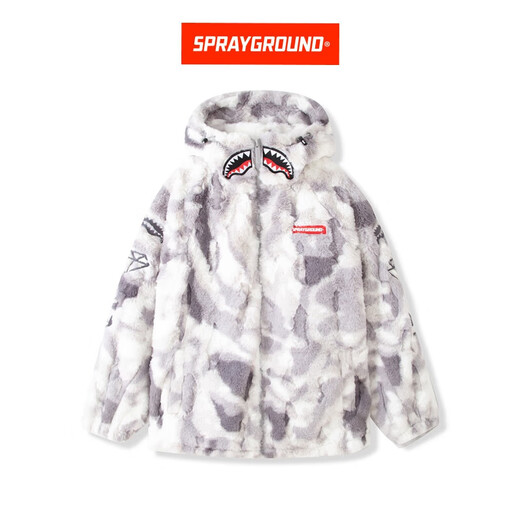 SPRAYGROUND star's same style plush cotton-padded jacket for men, autumn and winter shark mouth male and female couple's plush cotton-padded jacket, light gray L