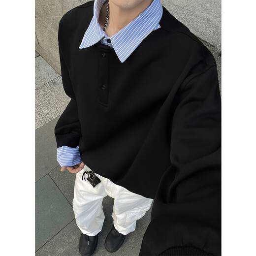 Pugos fake two-piece American retro shirt for men in spring and autumn loose Henry collar splicing design striped inner T-shirt sweatshirt gray upgraded model XL suitable for 130-145 Jin Jin equals 0.5 kg one size