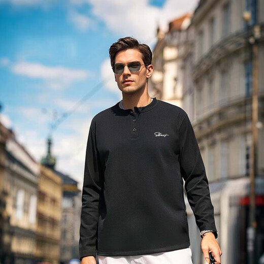 SLLAVIF spring American retro khaki Henry collar long-sleeved T-shirt men's casual slim inner T-shirt bottoming shirt white XL recommended 130-150Jin Jin equals 0.5 kg