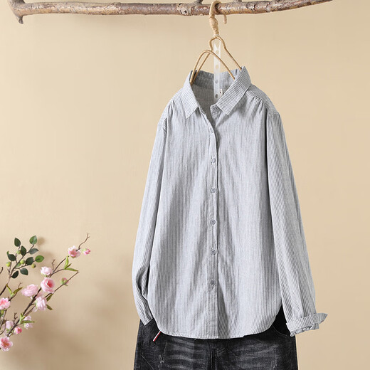 HIPPATIA100%纯棉衬衫狐狸刺绣条纹女双层长袖宽松春秋文艺小清新打底衬衣 浅灰色 w6623 M
