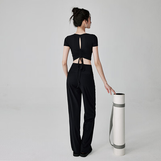 LULULMCCTN with chest pad yoga short-sleeved women's professional Pilates training running sports top fitness T-shirt black long-sleeved M