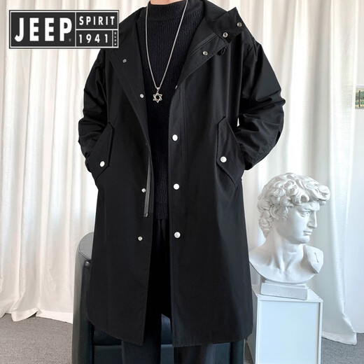 JEEP SPIRIT Jeep Windbreaker Men's Spring and Autumn Mid-Length Over-the-Knee Loose Hooded and Velvet Jacket Large Size Trendy Brand Winter Thickening 174-Dark Gray Cotton 3XL 210-230Jin Jin is equal to 0.5 kg